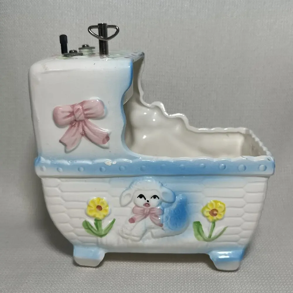 Vintage Ceramic Baby Nursery Bassinet Planter Music Box Rock a bye baby